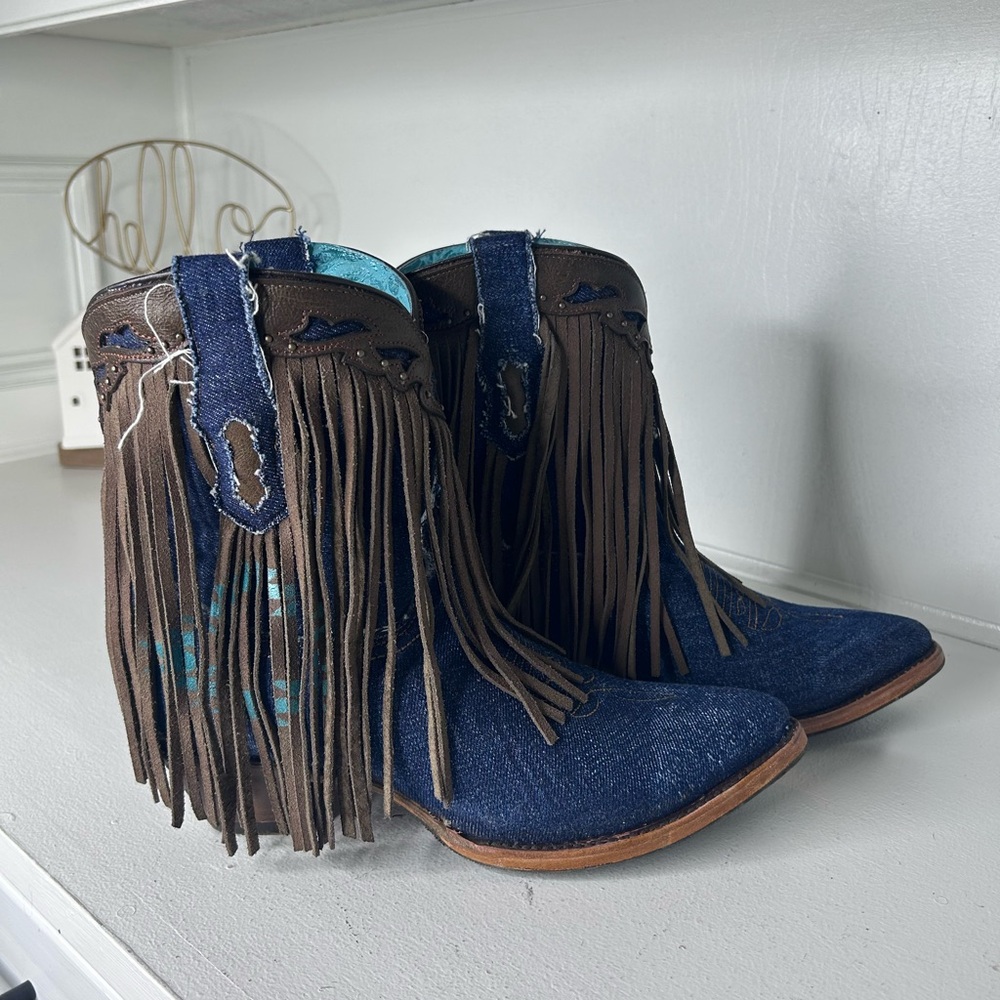**SOLD**Corral Fringe Denim Cowgirl Boots Women’s 11 Western Rodeo Style, Rare - Picture 2 of 8